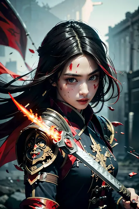 color splattered ink style,splash ink,splash art,Vibrant color splattered ink style, portrait of an intricately armored oriental Chinese swordswoman, her piercing gaze intense beneath a crimson moon, amidst dark, ominous clouds, clad in ornate black armor ...