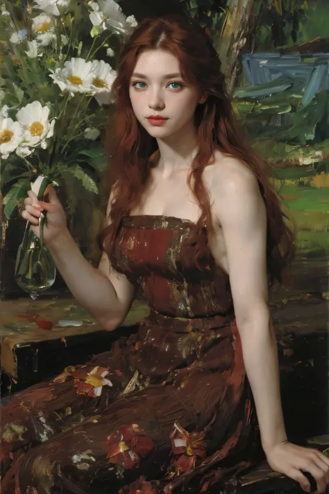 (oil painting:1.5),
\\
a woman with (red long curtly hair ), ((green eyes)) winter, mountain a field of  flowers, (amy sol:0.248), nude , with red dress,  (stanley artgerm lau:0.106), (a detailed painting:0.353), (gothic art:0.106)