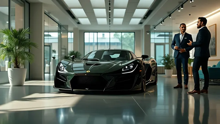 Ultra HD 8K cinematic image of a Lotus Evija hypercar in a modern showroom, with a sophisticated, well-dressed couple discussing potential purchase details with a high-end sales consultant.  
