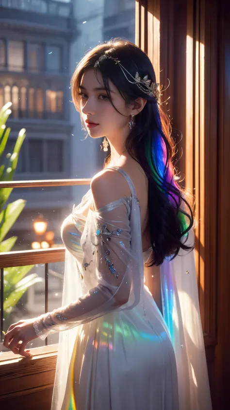 8K, UHD, masterpiece, detailed illustration, HDR, 1 girl, ((white skin)), good face, detailed eyes, detailed eyelid, ((long hair)), rainbow hair, realistic girl, beautiful detailed beauty, (((rainbow mesh lace clothing))), ((detailed jwellery)), ((ornament...