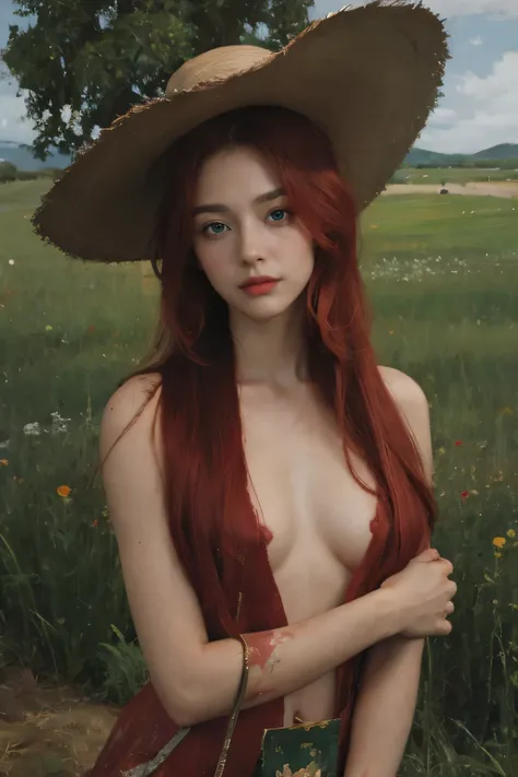 (oil painting:1.5),
\\
a woman with (red long curtly hair ), ((green eyes)) ain a field of peones, (amy sol:0.248), nude , with red dress,  (stanley artgerm lau:0.106), (a detailed painting:0.353), (gothic art:0.106)