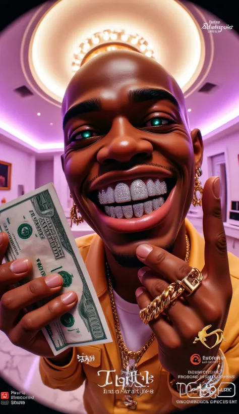 gr!llz, in the style of Jed-clrfl, overexposed photograph An ultra-realistic, first-person view (FPV) Bald ebony American breathtakingly Handsome character inspired Urban aesthetics.  Perfect hand, Detailed hand, holding money, The character has luminous s...