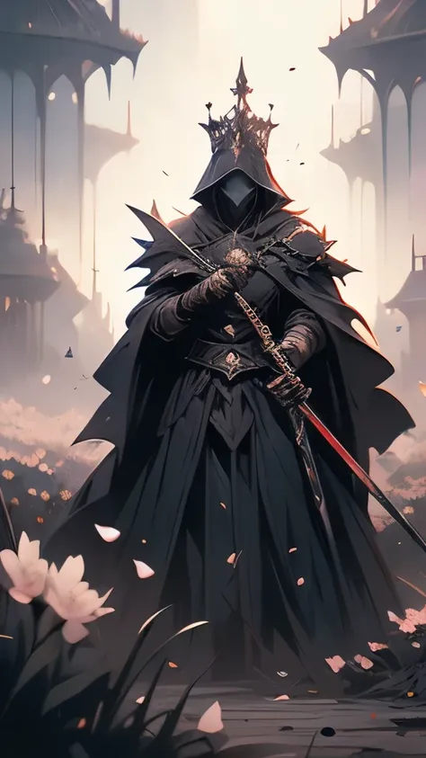 a man in a crown and cloak holding a sword in a field of flowers, deathknight, death knight, undead knight, epic fantasy art style, fantasy card game art, epic fantasy card game art, epic fantasy art style hd, epic fantasy digital art style, blood knight, ...