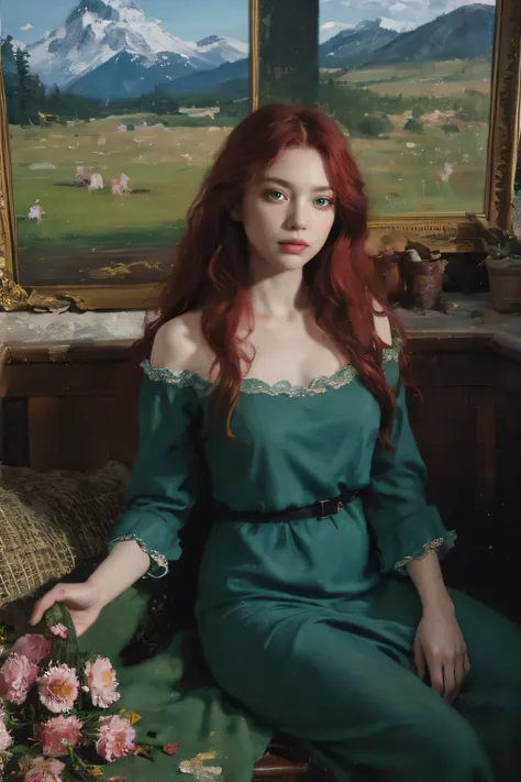 (oil painting:1.5),
\\
a woman with (red long curtly hair ), ((green eyes)) winter, mountain a field of peony, (amy sol:0.248), nude , with blue dress,  (stanley artgerm lau:0.106), (a detailed painting:0.353), (gothic art:0.106)