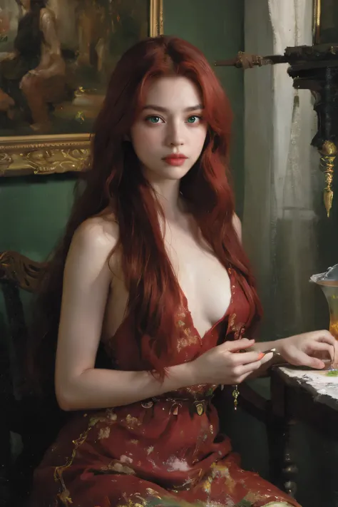 (oil painting:1.5),
\\
a woman with (red long curtly hair ), ((green eyes)) with peony, (amy sol:0.248), nude , with red dress,  (stanley artgerm lau:0.106), (a detailed painting:0.353), (gothic art:0.106)