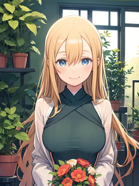 Smiling woman holding a flower pot full of flowers、blond hair、hair between eyes、LONG HAIR、 blue eyes、Big Breasts、 upper body、Greenhouse with lots of potted plants、Green Sweater、