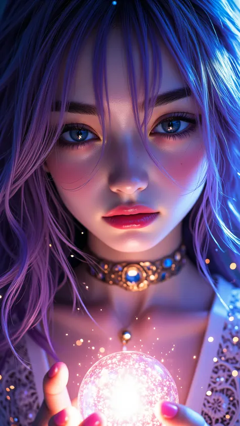 8k, masterpiece, highest quality, Close-up, ethereal, long hair, purple, pink, blue, iridescent skin, lavender, large eyes, serious expression, ornate attire, gold jewelry, choker, glowing orb, warm light, transparent, dark background, stars, cosmic dust, ...