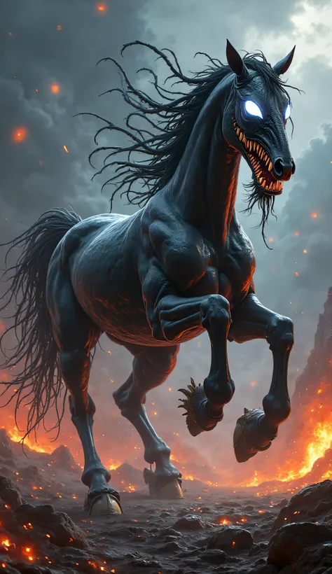 "A terrifying hybrid creature combining the sleek power of a horse with the menacing traits of Venom. The creature has the horse’s muscular body, but its mane and tail are transformed into flowing, black symbiote tendrils. Its face is a blend of equine fea...