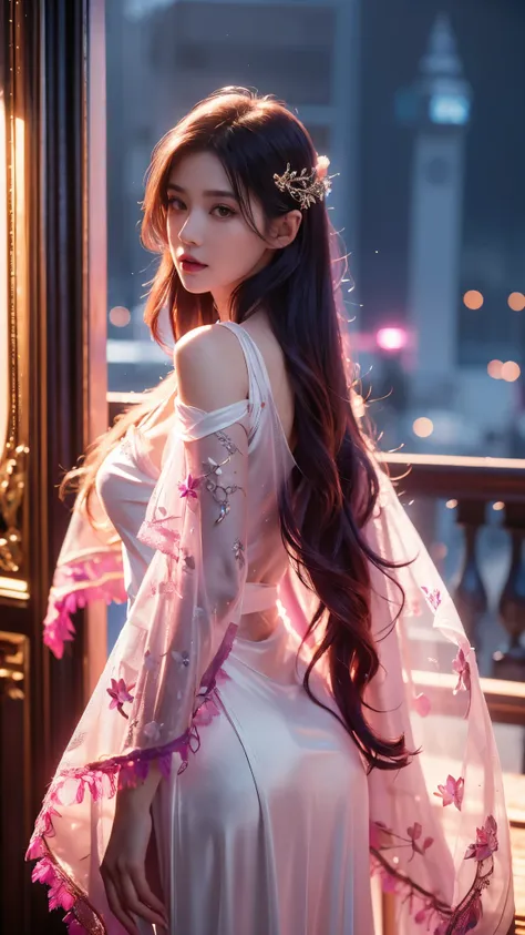 8K, UHD, masterpiece, detailed illustration, HDR, 1 girl, ((white skin)), good face, detailed eyes, detailed eyelid, ((long hair)), magenta hair, realistic girl, beautiful detailed beauty, (((magenta mesh lace clothing))), ((detailed jwellery)), ((ornament...