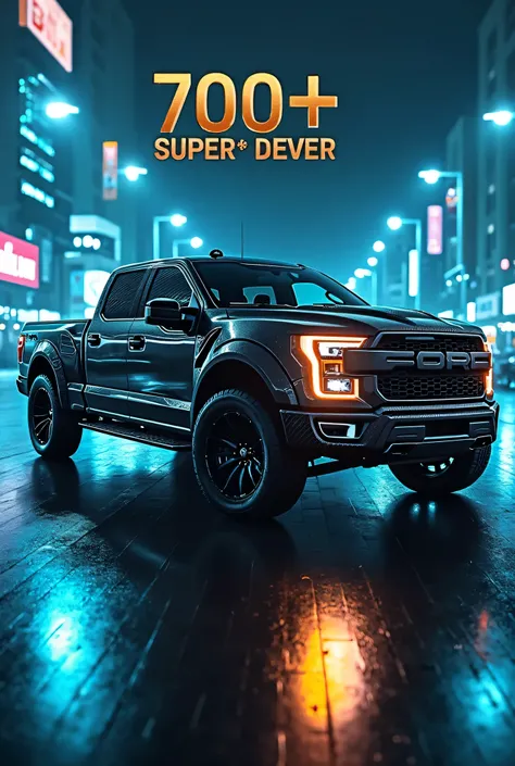 "A high-resolution image of the 2025 Mansory Pickup Truck in an aggressive back angle. The truck should have a glossy carbon fiber body with sharp LED headlights glowing brightly. The background should feature a dramatic, blue cityscape with neon lights re...