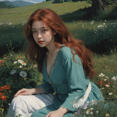 (oil painting:1.5),
\\
a woman with (red long curtly hair ), ((green eyes)) winter, mountain a field of  flowers, (amy sol:0.248), nude , with blue dress,  (stanley artgerm lau:0.106), (a detailed painting:0.353), (gothic art:0.106)