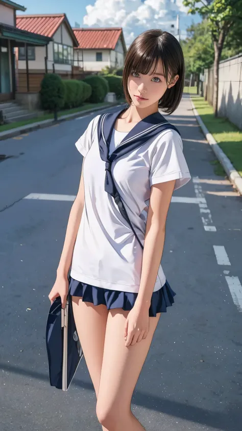 Girl standing in schoolyard, Cumulonimbus clouds in the summer sky , (Navy blue school swimsuit:1.1), wearing a white sailor shirt , school bag, , ( very slim:1.4), thin thighs, Knee, short hair gathered low