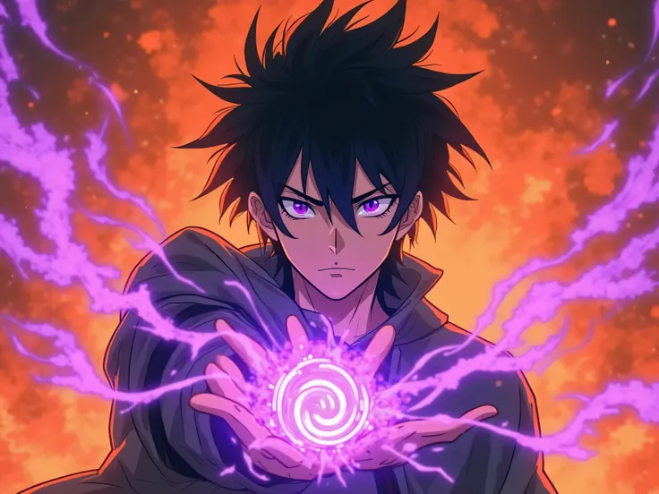 anime guy, black hair, purple magic, serious face fantasy, dark orange background.