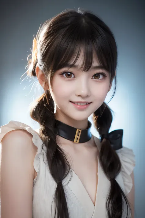 Realistic portrait of YUIMETAL from BABYMETAL, 20 years old Japanese female idol, round face with soft cheeks, large sparkling anime-style eyes, natural gradient lip makeup, slight baby teeth visible in cheerful smile, soft bokeh background with subtle met...