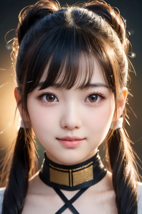 Realistic portrait of YUIMETAL from BABYMETAL, 20 years old Japanese female idol, round face with soft cheeks, large sparkling anime-style eyes, natural gradient lip makeup, slight baby teeth visible in cheerful smile, soft bokeh background with subtle met...