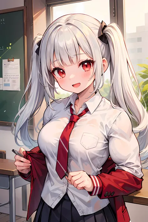 1girl, solo, (medium breasts, muscles, large muscles), (white hair, blunt bangs, cute face, long bangs, red eyes, twintails, long hair), (school uniform, blazer, skirt, red tie, long sleeves), indoors, smile, open mouth,