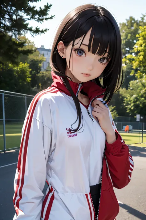 masterpiece,girl,petites,pale skin,realistic,Age 15,bangs,small breasts,tracksuit、