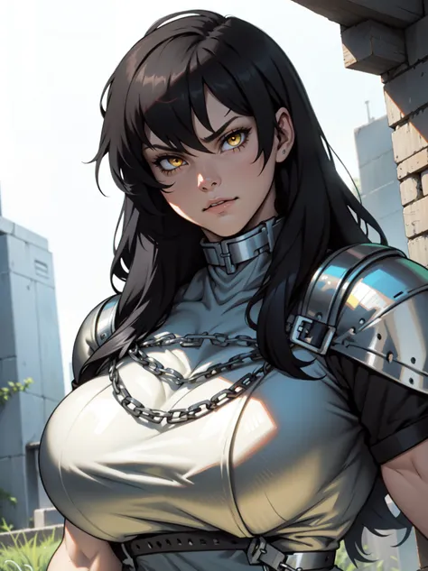 chainmail chainmail chainmail chainmail solo girl big muscles huge breasts black hair yellow eyes pale skin stern expression 