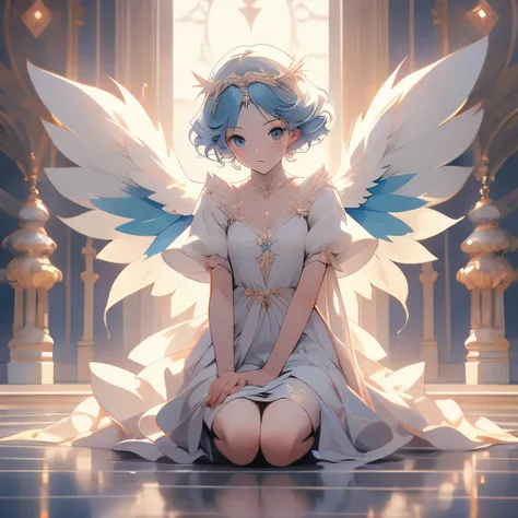 anime girl with blue hair and angel wings kneeling on the ground, of an beautiful angel girl, angel girl, angelic, angle, angel-themed, winged girl angel, low angel, ✨🕌🌙, angelical, ethereal wings, astral fairy, angel themed, young harpy-girl, with beautif...