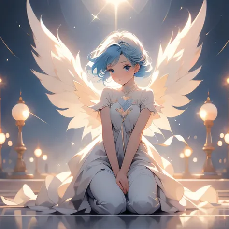 anime girl with blue hair and angel wings kneeling on the ground, of an beautiful angel girl, angel girl, angelic, angle, angel-themed, winged girl angel, low angel, ✨🕌🌙, angelical, ethereal wings, astral fairy, angel themed, young harpy-girl, with beautif...