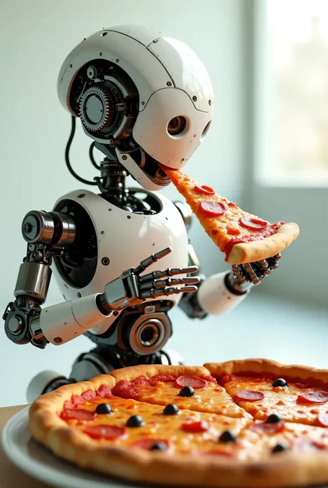 Create a robot eating a pizza being very realistic with bright colors 