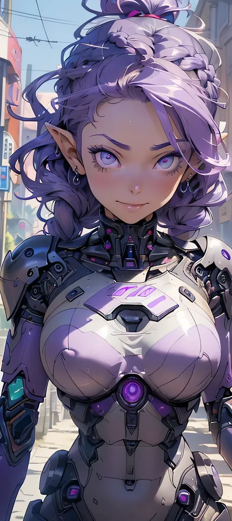 ( a girl), (( athletic body :1.3,   big boobs)), ((Elven Lolita  )), ((seductive smile)), ((seductive pose)), ((  cute anime Lolita with beautiful braided hair)), (( purple hair:1.35)), ( Gemini with red ribbons  ), (  detailed eyes ,  beautiful eyes,   pu...