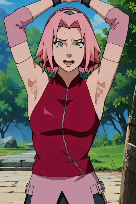Sakura Haruno,human woman with fair skin.with green eyes and red clothing. Her hair is long and pink in color; She is beautiful. Fair skin.Tsundere face. Pink eye shading,mature appearance,armpits,sweat,sweaty,sweaty armpits,arms up,showing armpits,awesome...