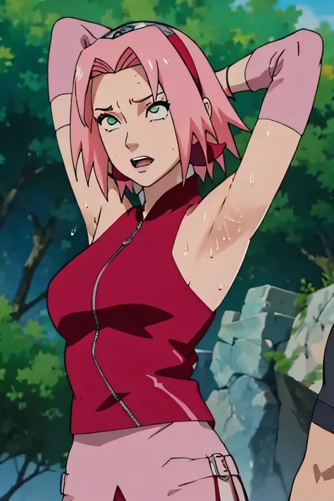 Sakura Haruno,human woman with fair skin.with green eyes and red clothing. Her hair is long and pink in color; She is beautiful. Fair skin.Tsundere face. Pink eye shading,mature appearance,armpits,sweat,sweaty,sweaty armpits,arms up,showing armpits,awesome...