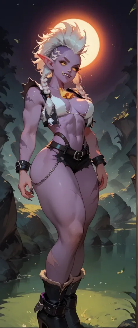 ((Trolls
large pointed ears, large nose, fangs
tusks, sexy beautiful female troll,  toned body, thick thighs, narrow waist, wide hips, ((thight Gap)) perky breasts, curvy, dark  purple skin, white hair, (big high flipped mohawk with braids hairstyle:1.4) (...