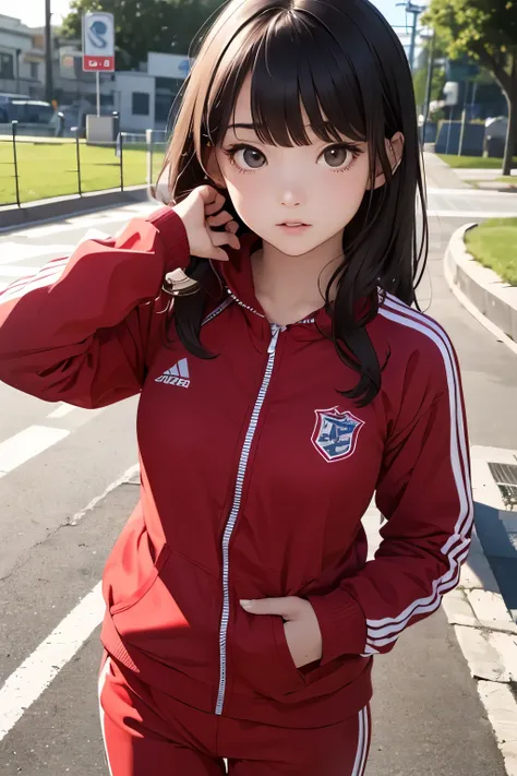 masterpiece,girl,petites,pale skin,realistic,Age 15,bangs,small breasts,tracksuit、Run