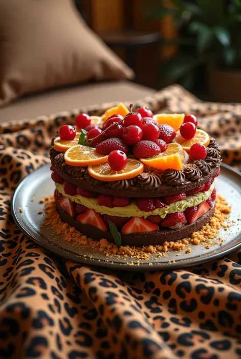 There is a beautiful large plate on the bed . Beautiful large cherry-pistachio cake with peeled tangerine slices and strawberries The cake is decorated with chocolate and cherries The bed is covered with a leopard print blanket 