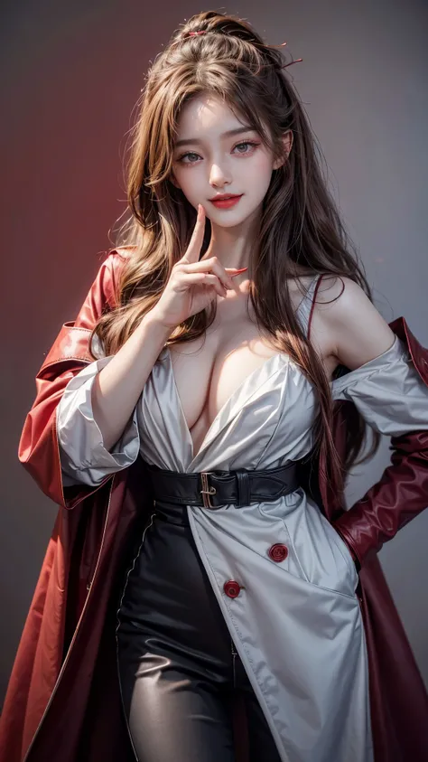 Girl wearing, luxury red coat, shoulder length hair, wavy hair, glowing skin, star in eye, red lips, grey  background, cute poses , cute girl, saranghe pose, making heart from both hands, perfect finger, making heart, smiling, long coat, no nudity 