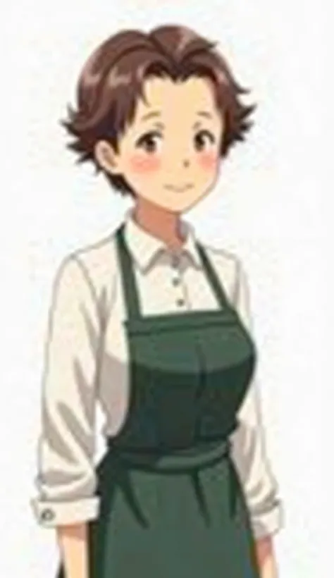 An anime style image of an elderly woman, probably in her 50s or 60s, of Asian descent. She has short brown hair, a simple white collared shirt and a dark green apron. Her face is already showing wrinkles. Her facial expression is friendly and kind, slight...