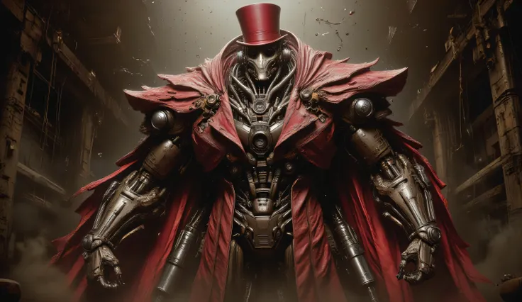 Realism, perfect composition. A chocolate-colored human robot with iron elements. The red long cape flutters in the wind. On his face is a white theatrical cracked mask of a human face. He wears a red gentleman's top hat.Massive torso, broad shoulders. A h...