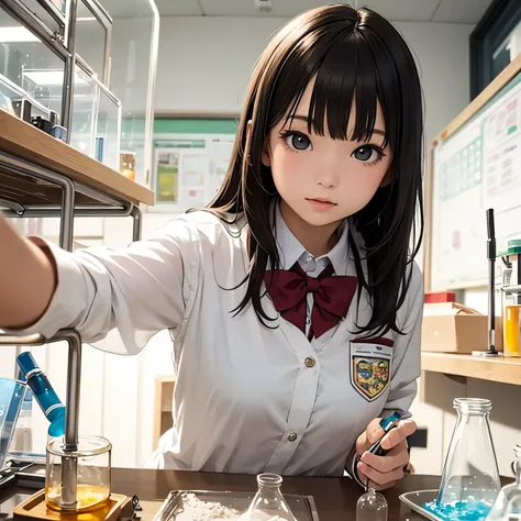 masterpiece,girl,petites,pale skin,realistic,Age 15,bangs,small breasts,school uniform、Science Room、experiment、microscope、Human Model