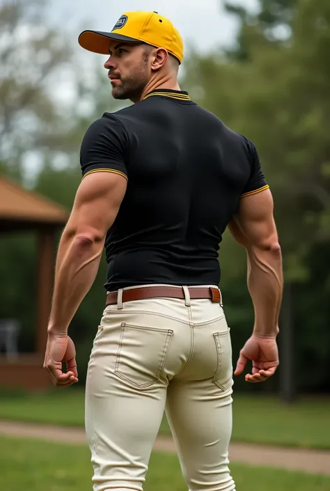  Realistic photograph , 35-year-old muscular (((atletic white man))) , , View from below, nalgon  in profile, black with yellow detalles shirt and very tight evory jeans, brown belt,  in profile, Big butt, viendo a cámara,  black eyes, in the yard, sexy ma...