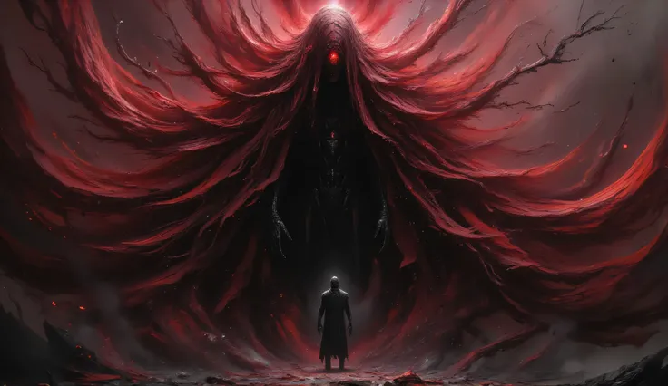 Black silhouette wrapped in red cloth. it develops in the wind. Horror