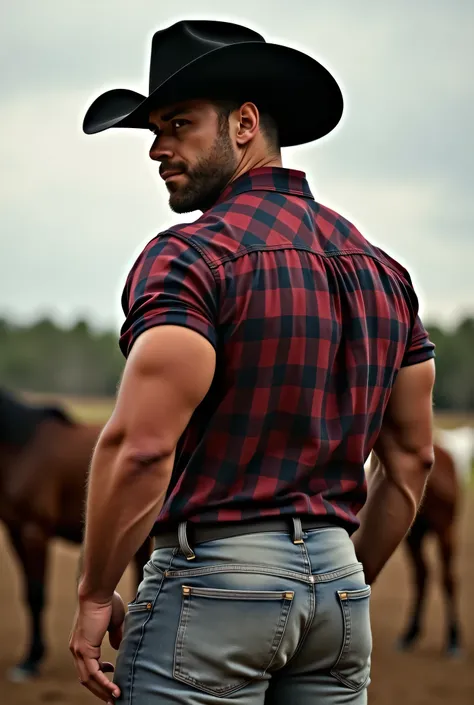  Realistic photograph , 35-year-old muscular (((athletic man))) , , View from below,  in profile,  dark red and white Oxford checkered shirt and very tight light stone jeans, brown belt,  in profile, Big butt, viendo a cámara,  black eyes,, at the ranch, s...