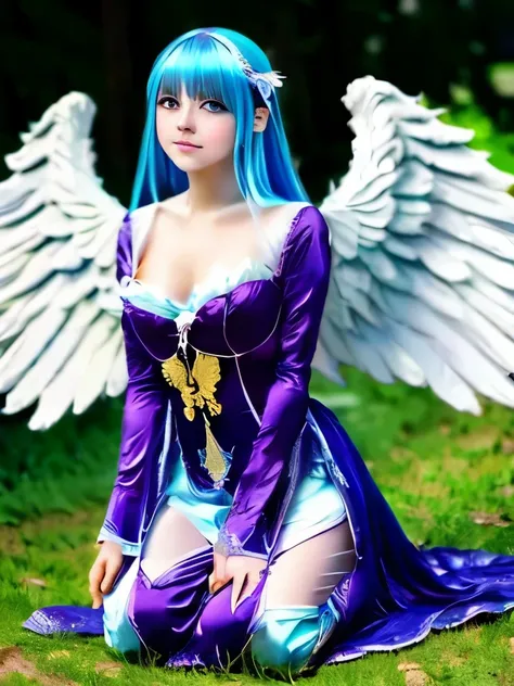 anime girl with blue hair and angel wings kneeling on the ground, of an beautiful angel girl, angel girl, angelic, angle, angel-themed, winged girl angel, low angel, ✨🕌🌙, angelical, ethereal wings, astral fairy, angel themed, young harpy-girl, with beautif...