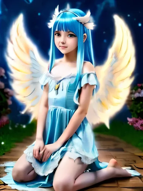 anime girl with blue hair and angel wings kneeling on the ground, digital art by Marie Angel, trending on pixiv, digital art, of an beautiful angel girl, angel girl, angelic, angle, angel-themed, winged girl angel, low angel, ✨🕌🌙, angelical, ethereal wings...