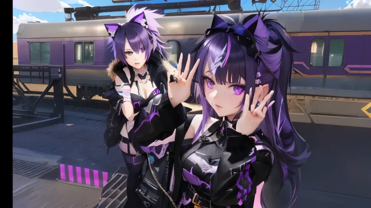 anime girl with purple hair and black outfit standing in front of a train, anime style. 8k, live2d virtual youtuber model, vrchat, black and violet costume, ig studios anime style, anime style only, hyper - goth, anime set style, anime styled 3d, anime sty...