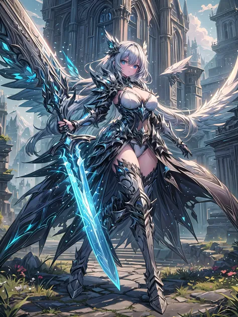 (((masterpiece, best quality, high detailed, 16k))), Armored female warrior, armored boots, shoulder armor, gauntlets, holding divine sword and shield, (Sword:1.5), big breasts, white bikini, white cloak, powerful and fantastic full armor, (close-up of swo...