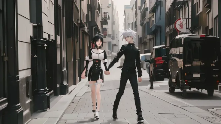 there are two people walking down the street holding hands, anime cgi style, anime styled 3d, anime style. 8k, goth people dancing, stylized anime, gothic city streets behind her, realistic anime 3 d style, anime cgi, 2 d anime style, in city street, in an...