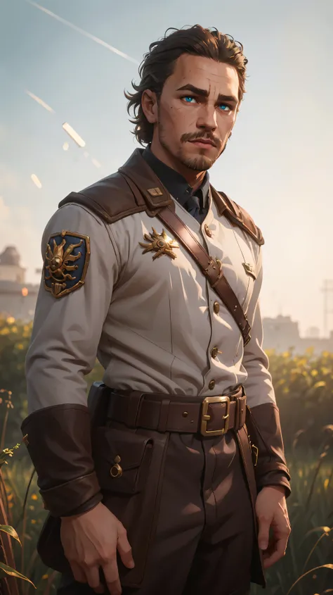 professional photo of Heath ledger with stubble beard in simple brown empire travel uniform with rank insignia on arms and leather belts, brown uniform, bullet bandolier, heathl male_focus, KTemplar, perfect eyes, upper body shot low lighting, moody, large...