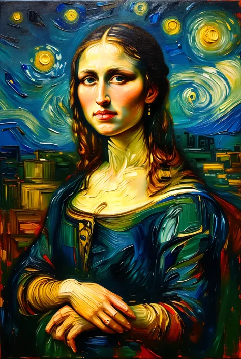 a 35mm photography-inspired oil painting of the Mona Lisa in Van Gogh’s style, with heavy impasto brushstrokes and swirling, textured backgrounds, warm, golden lighting casting a soft glow on her face, deep blue and starry tones in the background adding c...