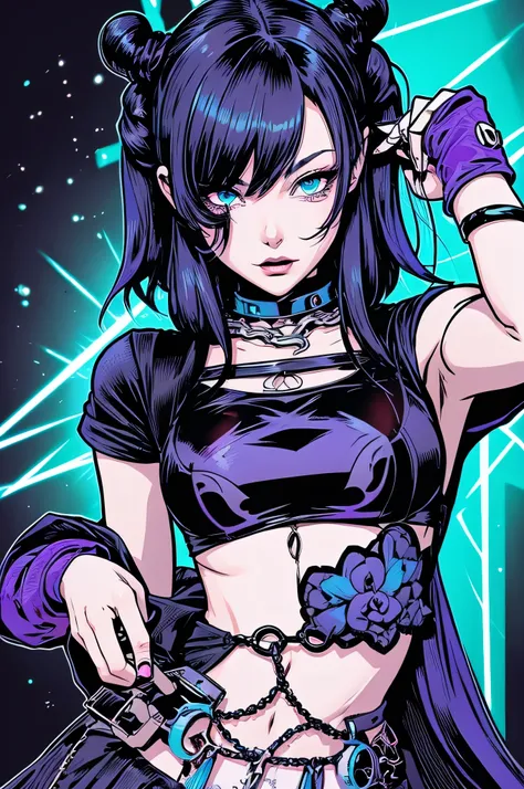 ILLUSTRATION OF hot MYSTERIOUS anime girl, jet-black hair, tinged with deep violet streaks, is styled into messy twin buns, held together by heart-shaped clips and delicate chains, giving her a mix of cyberpunk attitude and Y2K aesthetic. Loose strands fal...