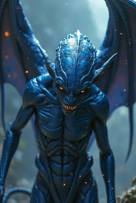 Create a realistic digital painting of a creepy demon character who have alien like features and body textures with the wings, high detailed, cinematic, marvel like vibrant blue skin, shallow textures, in UHD