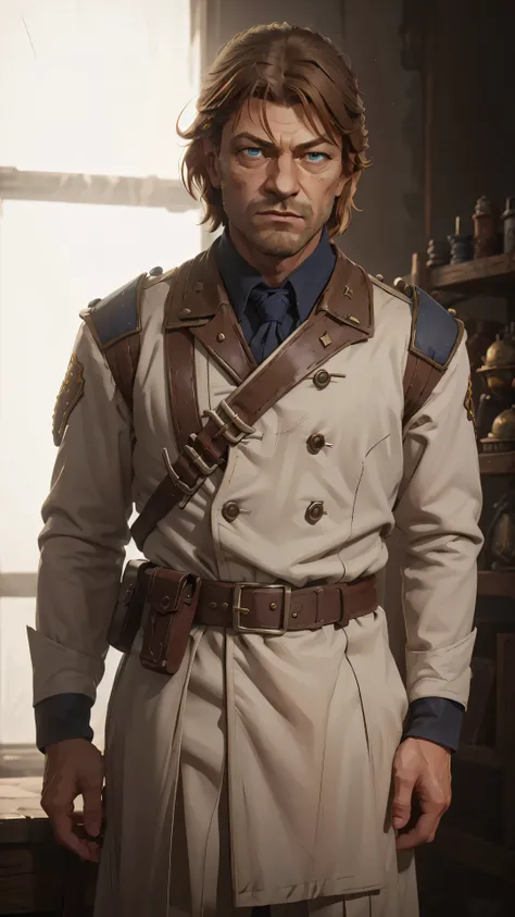 professional photo of young Sean Bean in simple brown empire travel uniform with rank insignia on arms, bullet bandolier, KTemplar, perfect eyes, upper body shot low lighting, moody, large depth of field, warhammer 40k, deep depth of field, highly detaile...