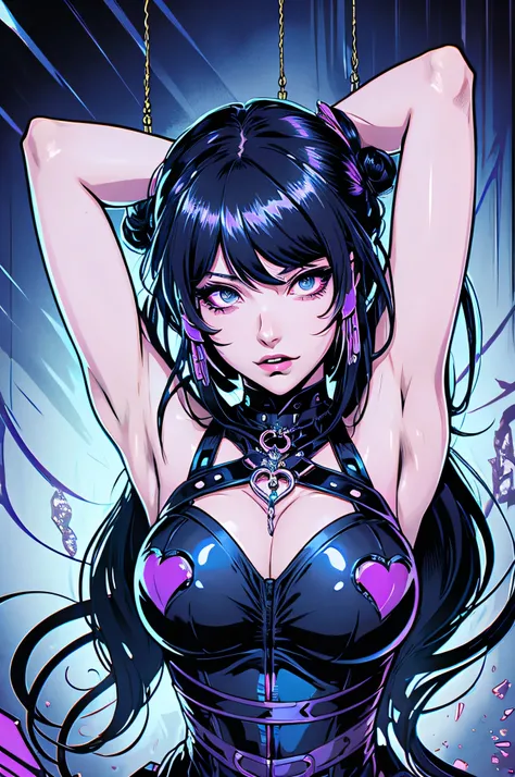 FULL FRAME ILLUSTRATION OF hot MYSTERIOUS anime girl, POSING ARMS UP SWOONING, jet-black hair, tinged with deep violet streaks, is styled into messy twin buns, held together by heart-shaped clips and delicate chains, giving her a mix of cyberpunk attitude ...