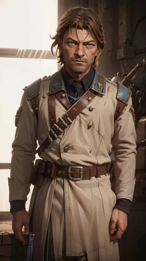 professional photo of young Sean Bean in simple brown empire travel uniform with rank insignia on arms, bullet bandolier, 8k, sharp, KTemplar, perfect eyes, upper body shot low lighting, moody, large depth of field, warhammer 40k, deep depth of field, hig...